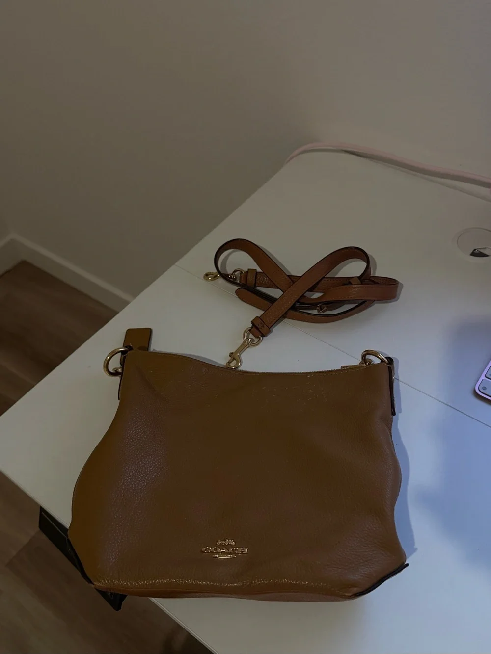 Coach Pebbled Leather Shoulder Bag in Cognac Brown with Gold Hardware